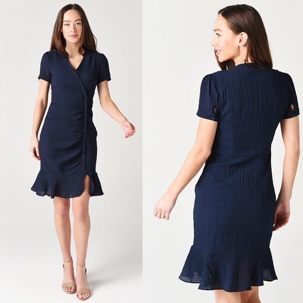 Cupcakes and Cashmere Marlyn Dress Navy Blue Ruffle Hem Mock Neck NWT Sz 4